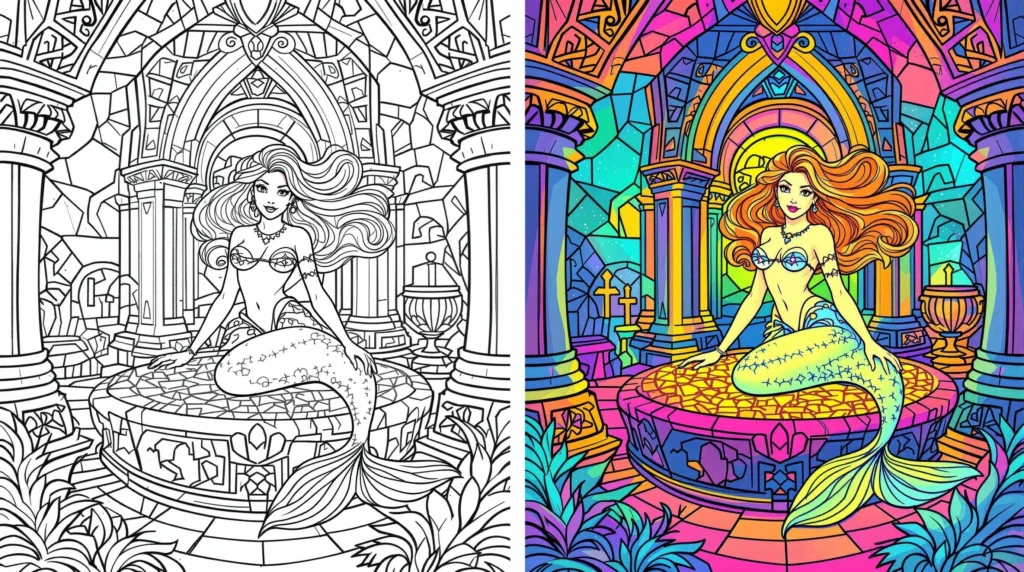 mermaid coloring pages for kids in the Royal Treasure Chamber