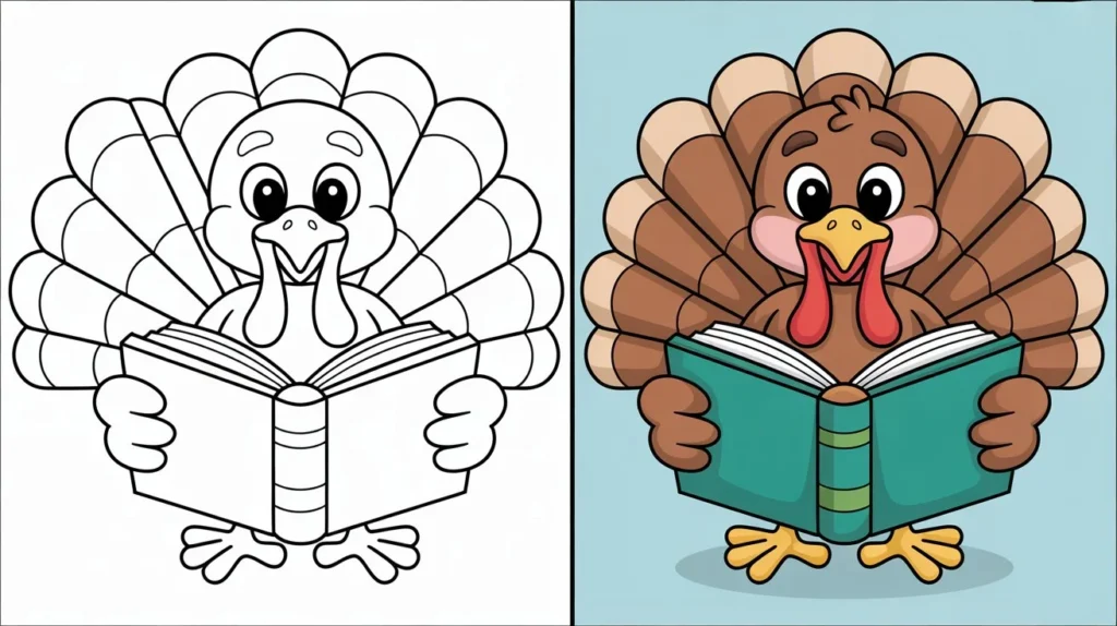 Cute Thanksgiving Turkey Reading a Book Coloring Page
