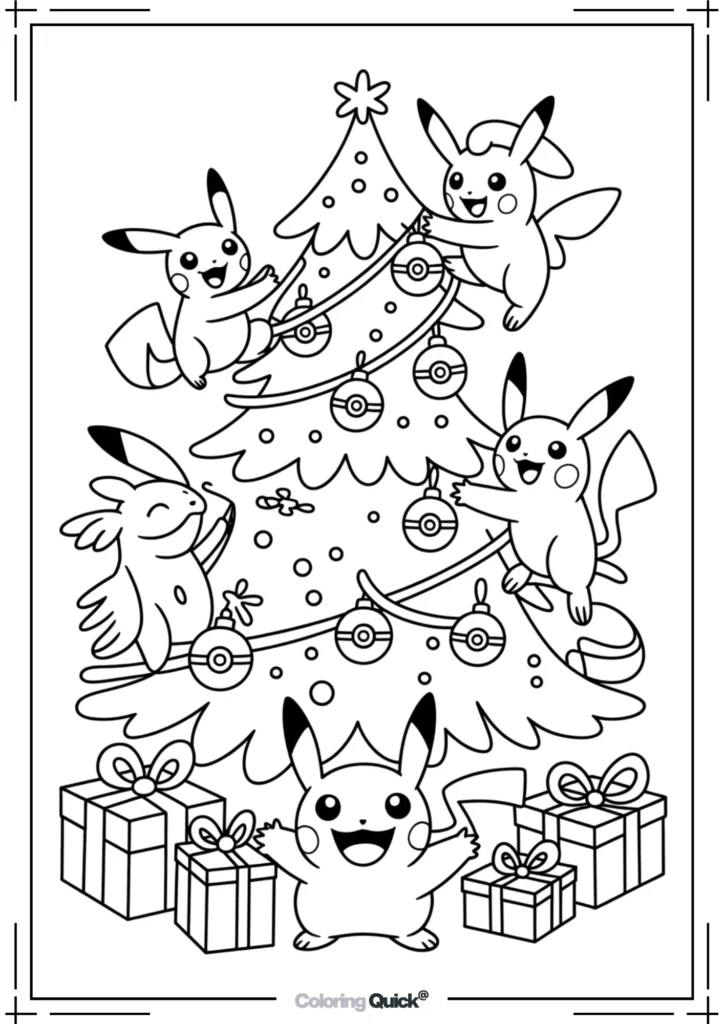 Pokemon Decorating Christmas Trees with Pokeballs printable