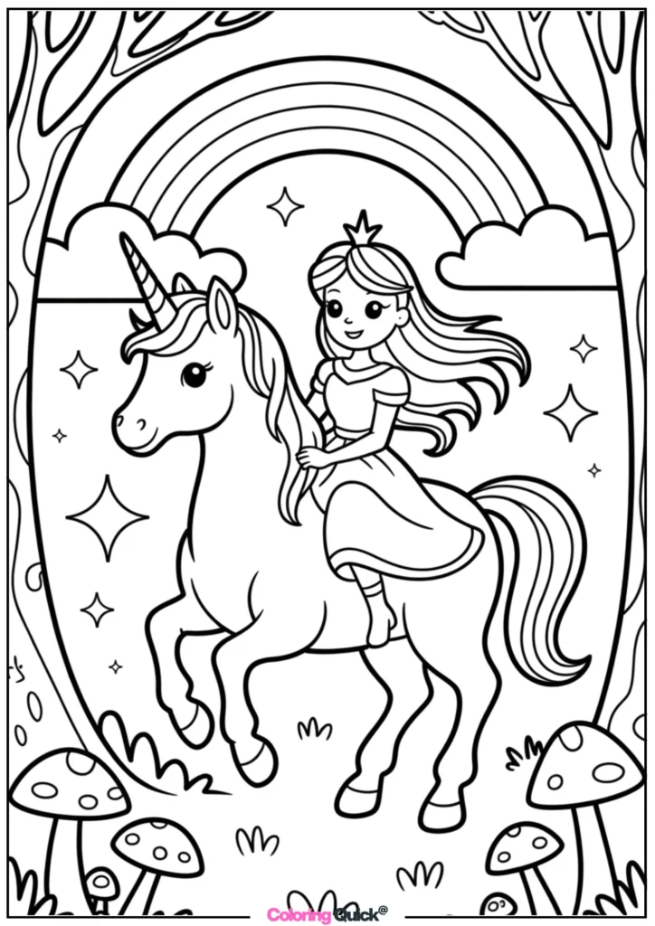 Princess with Unicorn Coloring Pages