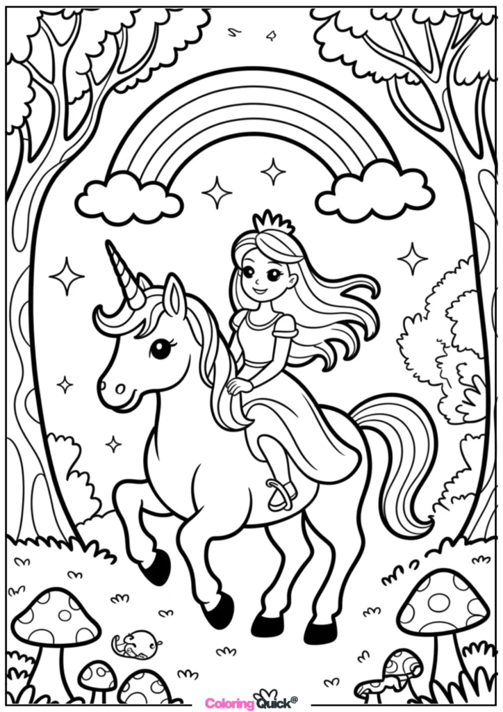 Princess with Unicorn Coloring Sheets